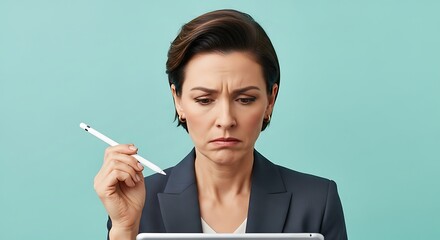 Obraz premium A woman with short brown hair and a dark suit looks down at a tablet with a pen in her hand, her face showing a look of concern or confusion.