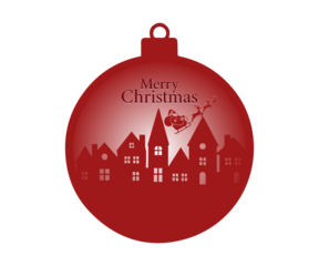 Glossy Red Christmas Bauble with Santa Sleigh and Village Silhouette