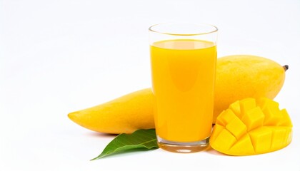 Fototapeta premium Yellow Mango Juice in Glass Isolated on White Background for Tropical Beverage Object and Fresh Fruit Drink Concept