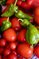 natural, top view, vitamin, marigold, contrast, sun, cucumbers, basket, harvested, red, growing, season, different, freshly, closeup, autumn, pepper, bright, yellow, vegetable, fresh, healthy, vegan, 