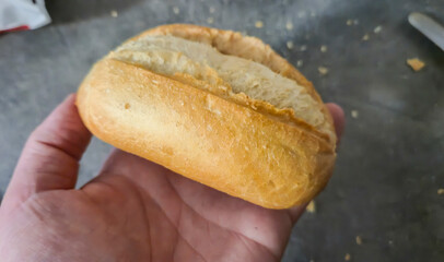 Close-up of a freshly baked bread roll held in a man's hand, showcasing its golden crust and soft texture, perfect for culinary or bakery-themed projects.