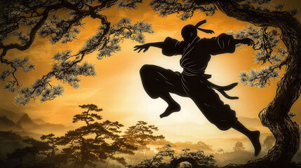 Silhouetted ninja leaps gracefully from tree to tree against vibrant orange sunset, surrounded by intricate branches and distant mountains, evoking sense of adventure and mystery