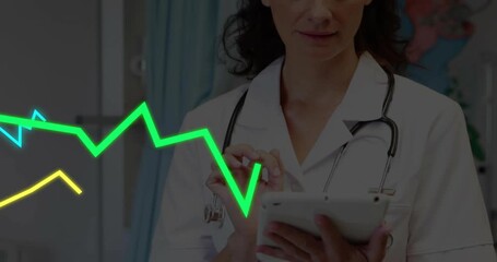 Nurse with stethoscope tapping tablet screen and analyzing data while colored chart lines pulsing - Powered by Adobe