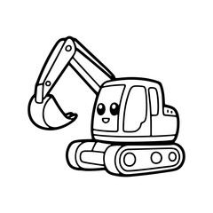 Cute cartoon excavator playing on a construction site during bright daylight hours