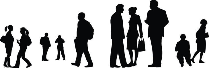 Dynamic crowd of people silhouettes walking, talking and gathered together as a group