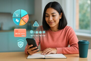 A woman engaged in financial management using a smartphone, analyzing data visualizations and symbols