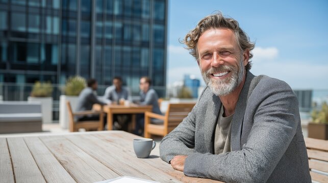 Businessman enjoys coffee break on rooftop terrace during sunny afternoon in city