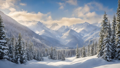 Snow-Covered Mountain Range and Fir Forest Under Clear Blue Sky in Winter Landscape