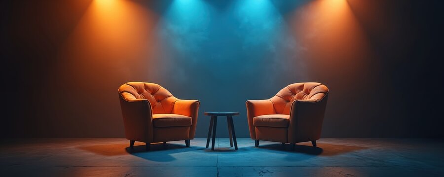 Two armchairs face each other with small table between them. Spotlights cast orange and blue hues across the studio floor. Conversation setup for interviews or debates. Modern interior.