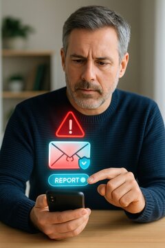 a concerned man is looking at his phone, with a warning email notification, touching the report button