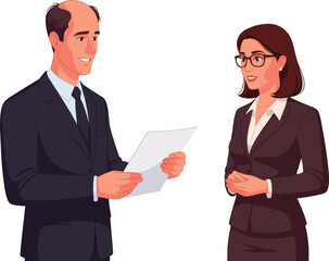 Professional business meeting, smiling man and woman in formal attire, corporate discussion, workplace communication, teamwork, office collaboration, positive interaction, white background
