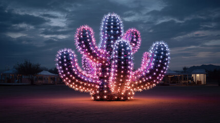 A giant cactus transformed into a mirror-ball installation, shining with pink, purple, and blue lights, festival atmosphere in desert landscape. cactus installation art, disco dese