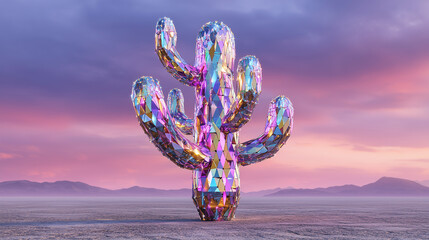 A surreal disco cactus covered in colorful glowing mirror tiles, neon reflections at sunset in desert, vibrant futuristic art. disco cactus, neon cactus art, surreal desert backgro