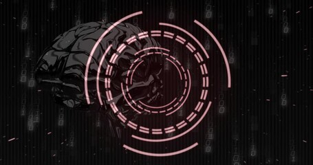 Binary code streaming as digital brain model emerging and segmented rings rotating visualizing scan - Powered by Adobe