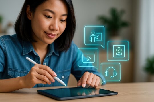 A young woman using a digital tablet, surrounded by glowing icons representing various aspects of learning and technology. The image captures a modern educational environment. - Powered by Adobe