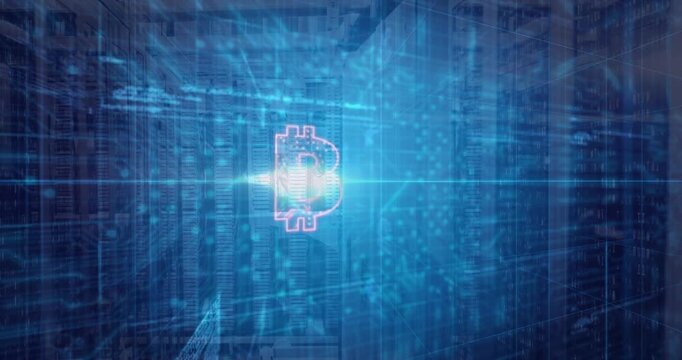 Glowing core appearing, pulsing beams revealing circuits, drifting bitcoin icons forming neon logo