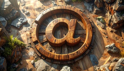 A large, intricate, wooden symbol, resembling an at sign, sits centered in a circular, weathered wooden structure amidst a rocky, desert-like terrain.