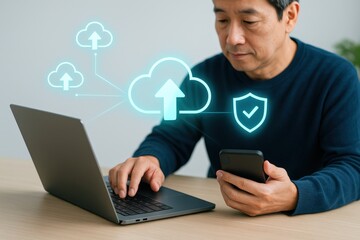 a person working on a laptop and holding a smartphone with cloud and security icons overlayed