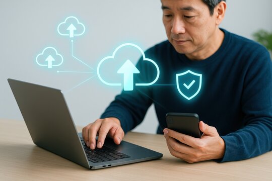 a person working on a laptop and holding a smartphone with cloud and security icons overlayed