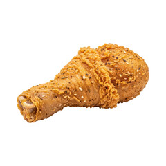 Crispy golden fried chicken drumstick with seasoning on transparent background