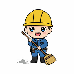 A cute cartoon construction worker wearing a yellow hard hat and blue overalls, holding a broom and sweeping.