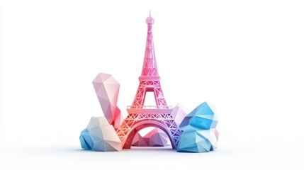 Colorful 3D illustration of the Eiffel Tower surrounded by geometric shapes, blending art and structure in harmony.