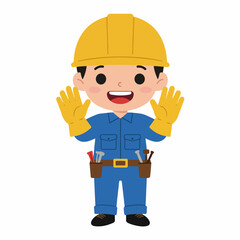 Fototapeta premium A cheerful cartoon construction worker wearing a yellow hard hat and blue overalls, with yellow gloves on his hands.