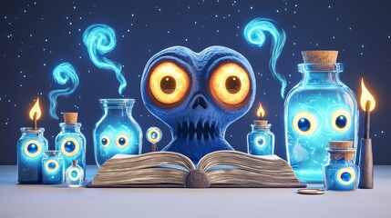Obraz premium Whimsical blue bottles and glowing creatures create a magical atmosphere in a mysterious, enchanting setting.