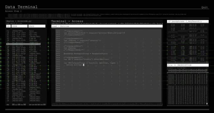 Opening screen showing waveform, UI panels fading, revealing logins and code, securing access