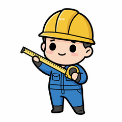 A cute cartoon construction worker wearing a yellow hard hat and blue overalls, holding a yellow measuring tape.