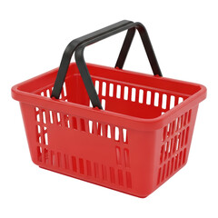 Red plastic shopping basket with black handles on transparent background
