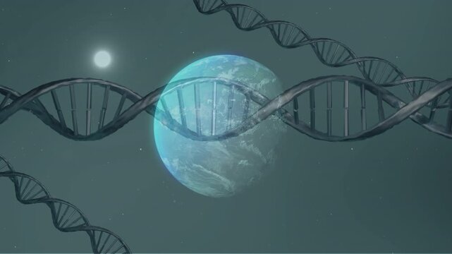 opening glowing planet starting gray DNA helix descending, drifting sideways and rotating for orbit