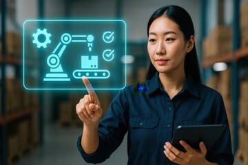 A focused woman in a warehouse interacting with futuristic, industrial interface