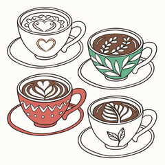 Vector art of four cups of coffee with latte art, showcasing different flavors and designs, vector illustration of a coffee shop menu