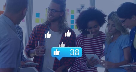 business team reviewing tablet data initiating bubble appearing and live social media likes rising - Powered by Adobe