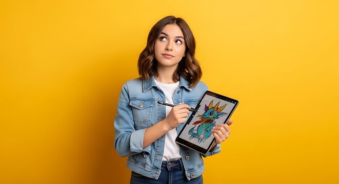A young woman in a denim jacket holds a tablet displaying a drawing of a cartoon dragon, looking thoughtfully upwards. - Powered by Adobe