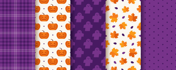Halloween background. Seamless pattern. Haloween textures with pumpkins, ghosts, polka dots, leaves, plaid. Orange purple wrapping papers. Set geometric endless textile prints. Vector Illustration