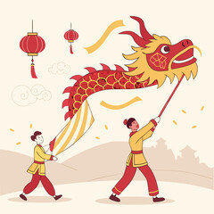 Vector art of two people are performing a dragon dance during the chinese new year celebration vector illustration in cartoon style