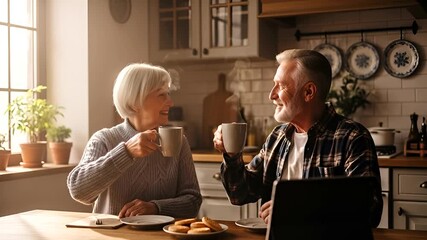 Senior couple enjoys coffee and conversation in their cozy kitchen at home - Powered by Adobe