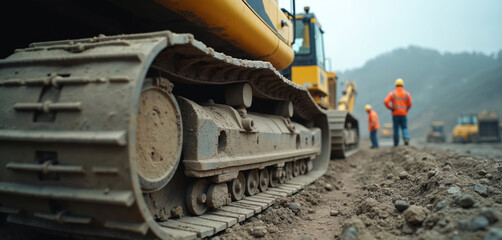 Close-up of dirty heavy machinery tracks at active building site. Construction workers in safety vests, hard hats stand on rough ground near large yellow excavators. Bulldozers prepare earth land for