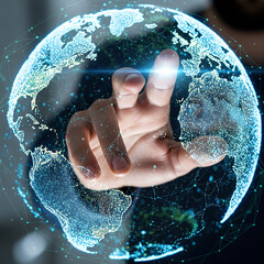 Hand Touching and Interacting with a Digital Holographic Earth Globe with a Glowing Point of Light and a Network of Connections