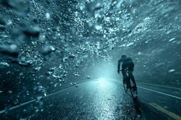 A lone silhouette of a man walks through the blue summer rain on a park street