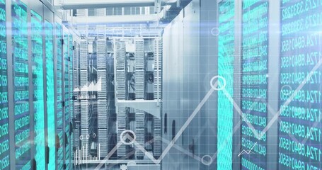 On start panels streaming teal-red flanking server racks corridor with rising charts showing growth - Powered by Adobe