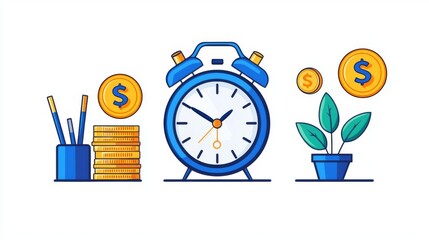 Illustration depicting the relationship between time, money, and growth with clock, coins, and plant elements.