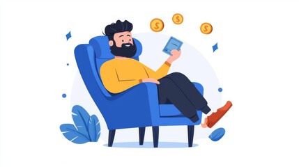A relaxed man enjoying a moment of leisure in a cozy chair, surrounded by symbols of wealth.