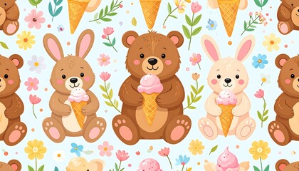 Naklejka premium Adorable bears and bunnies, each holding ice cream cones, are repeated in a cheerful floral pattern.