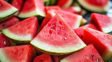 Close-up view of many sliced watermelons.