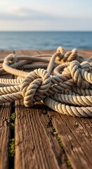 Fototapeta premium A close-up view of intricately knotted ropes resting on a weathered wooden pier overlooking a tranquil expanse of water.