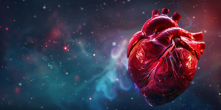 Vibrant, realistic human heart floating in a colorful, star-filled nebula, symbolizing life and emotion