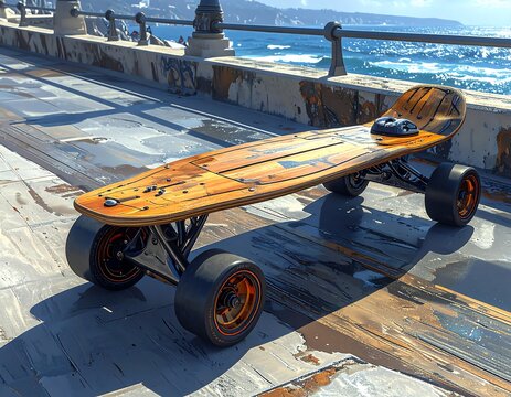 Orange electric skateboard with large wheels on a sunny boardwalk - Powered by Adobe